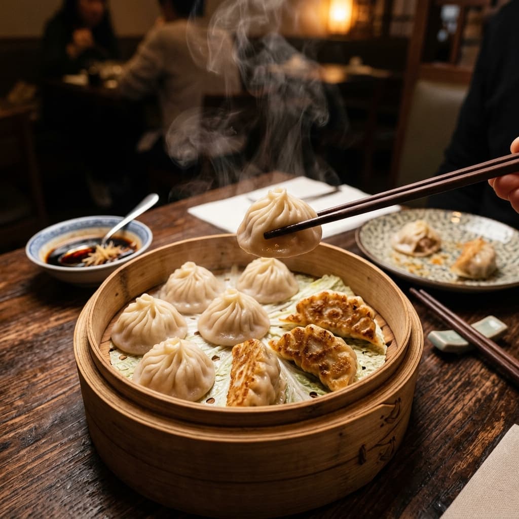 Traditional Chinese dim sum and dumplings arranged in bamboo steamers